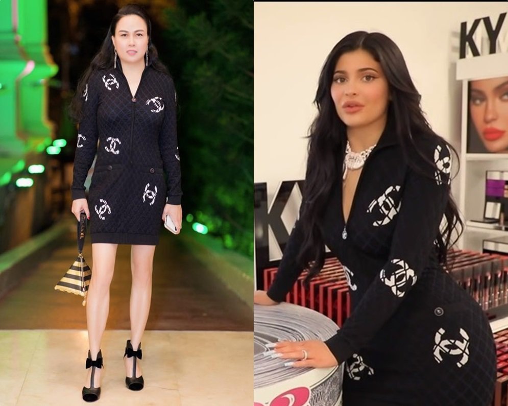 Với thiết kế váy len, vợ cũ Quách Ngọc Ngoan không quá thảm họa nhưng khi đọ sắc với Kylie Jenner lộ rõ sự khác biệt. Thân hình đồng hồ cát của tỷ phú trẻ tuổi ăn đứt Phượng Chanel. (Ảnh: IGNV)