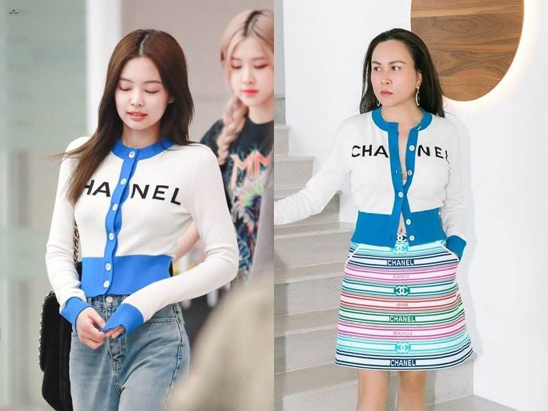 Mẫu áo cardigan của nhà mốt Chanel cũng nằm trong BST thời trang của cả hai. Tuy nhiên thành viên BLACKPINK mang đến sự phóng khoáng, năng động với quần jean thì bà mẹ 3 con lại mất điểm khi phối chân váy màu sắc. (Ảnh: T.H)